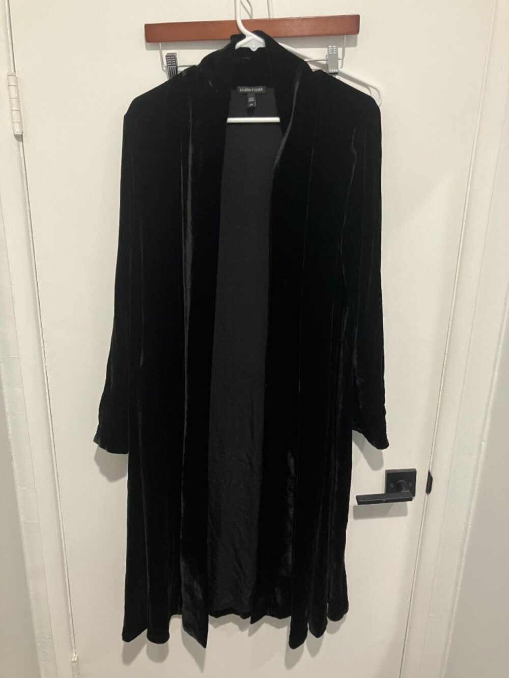 Eileen Fisher Black Velvet Duster Shawl Collar Long Jacket, Black, Small Petite